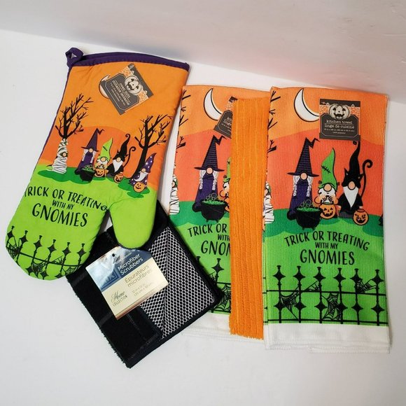 Halloween Gnome Kitchen Set of 5 Towels Mitt, Trick or Treating with Gnomies NEW - Picture 1 of 6